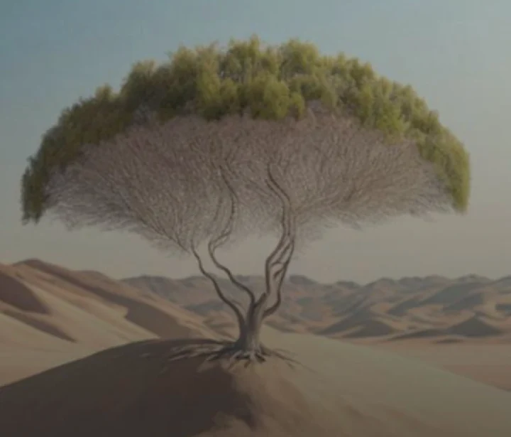 A solitary ghaf tree rooted in desert dunes